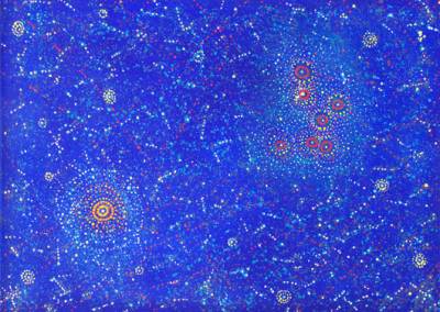 Australian Indigenous (Aboriginal and Torres Strait Islander) artwork by ALMA NUNGARRAYI GRANITES of Warlukurlangu Artists (Yuendumu). The title is Yanjirlpirri or Napaljarri-warnu Jukurrpa (Star or Seven Sisters Dreaming). [1784/10] (Acrylic on Linen)