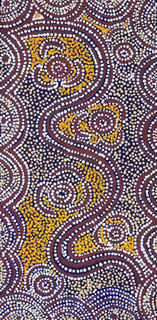 Australian Indigenous (Aboriginal and Torres Strait Islander) artwork by ALMA NUNGARRAYI GRANITES of Warlukurlangu Artists (Yuendumu). The title is Yanjirlpirri or Napaljarri-warnu Jukurrpa (Star or Seven Sisters Dreaming). [486/10] (Acrylic on Linen)