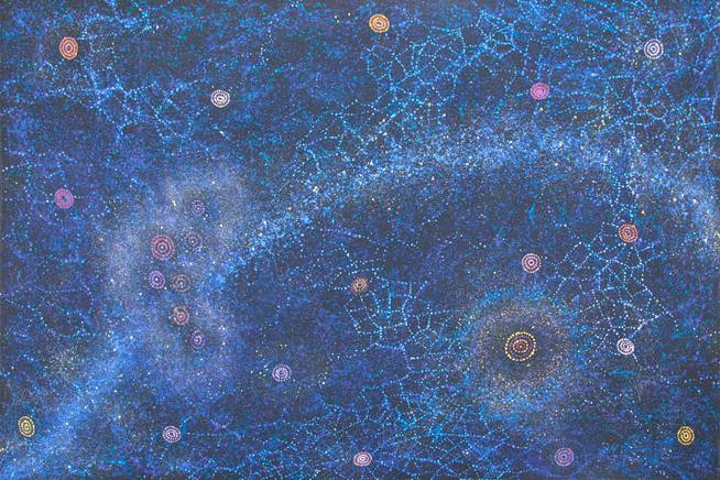 Australian Indigenous (Aboriginal and Torres Strait Islander) artwork by ALMA NUNGARRAYI GRANITES of Warlukurlangu Artists (Yuendumu). The title is Yanjirlpirri or Napaljarri-warnu Jukurrpa (Star or Seven Sisters Dreaming). [439/10] (Acrylic on Linen)