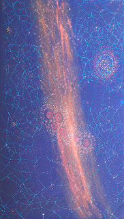 Australian Indigenous (Aboriginal and Torres Strait Islander) artwork by ALMA NUNGARRAYI GRANITES of Warlukurlangu Artists (Yuendumu). The title is Yanjirlpirri or Napaljarri-warnu Jukurrpa (Star or Seven Sisters Dreaming). [2583/10] (Acrylic on Linen)