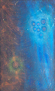 Australian Indigenous (Aboriginal and Torres Strait Islander) artwork by ALMA NUNGARRAYI GRANITES of Warlukurlangu Artists (Yuendumu). The title is Yanjirlpirri or Napaljarri-warnu Jukurrpa (Star or Seven Sisters Dreaming). [2581/10] (Acrylic on Linen)