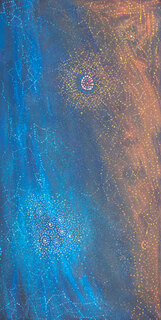 Australian Indigenous (Aboriginal and Torres Strait Islander) artwork by ALMA NUNGARRAYI GRANITES of Warlukurlangu Artists (Yuendumu). The title is Yanjirlpirri or Napaljarri-warnu Jukurrpa (Star or Seven Sisters Dreaming). [2582/10] (Acrylic on Linen)