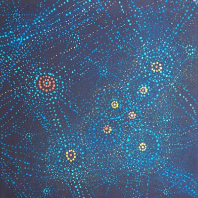 Australian Indigenous (Aboriginal and Torres Strait Islander) artwork by ALMA NUNGARRAYI GRANITES of Warlukurlangu Artists (Yuendumu). The title is Yanjirlpirri or Napaljarri-warnu Jukurrpa (Star or Seven Sisters Dreaming). [2489/10] (Acrylic on Linen)
