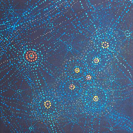 Australian Indigenous (Aboriginal and Torres Strait Islander) artwork by ALMA NUNGARRAYI GRANITES of Warlukurlangu Artists (Yuendumu). The title is Yanjirlpirri or Napaljarri-warnu Jukurrpa (Star or Seven Sisters Dreaming). [2489/10] (Acrylic on Linen)