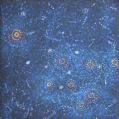 Australian Indigenous (Aboriginal and Torres Strait Islander) artwork by ALMA NUNGARRAYI GRANITES of Warlukurlangu Artists (Yuendumu). The title is Yanjirlpirri or Napaljarri-warnu Jukurrpa (Star or Seven Sisters Dreaming). [1704/10] (Acrylic on Linen)