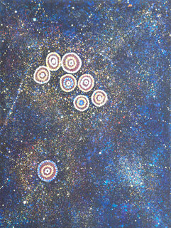 Australian Indigenous (Aboriginal and Torres Strait Islander) artwork by ALMA NUNGARRAYI GRANITES of Warlukurlangu Artists (Yuendumu). The title is Yanjirlpirri or Napaljarri-warnu Jukurrpa (Star or Seven Sisters Dreaming). [983/10] (Acrylic on Linen)