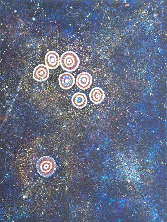 Australian Indigenous (Aboriginal and Torres Strait Islander) artwork by ALMA NUNGARRAYI GRANITES of Warlukurlangu Artists (Yuendumu). The title is Yanjirlpirri or Napaljarri-warnu Jukurrpa (Star or Seven Sisters Dreaming). [983/10] (Acrylic on Linen)
