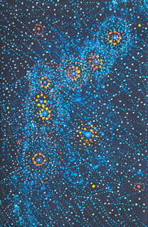 Australian Indigenous (Aboriginal and Torres Strait Islander) artwork by ALMA NUNGARRAYI GRANITES of Warlukurlangu Artists (Yuendumu). The title is Yanjirlpirri or Napaljarri-warnu Jukurrpa (Star or Seven Sisters Dreaming). [2488/10] (Acrylic on Linen)