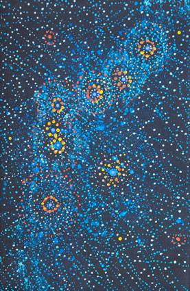 Australian Indigenous (Aboriginal and Torres Strait Islander) artwork by ALMA NUNGARRAYI GRANITES of Warlukurlangu Artists (Yuendumu). The title is Yanjirlpirri or Napaljarri-warnu Jukurrpa (Star or Seven Sisters Dreaming). [2488/10] (Acrylic on Linen)