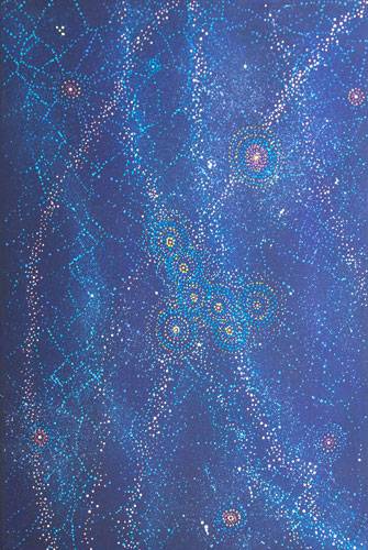 Australian Indigenous (Aboriginal and Torres Strait Islander) artwork by ALMA NUNGARRAYI GRANITES of Warlukurlangu Artists (Yuendumu). The title is Yanjirlpirri or Napaljarri-warnu Jukurrpa (Star or Seven Sisters Dreaming). [2564/10] (Acrylic on Linen)
