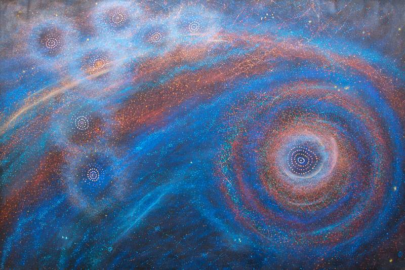 Australian Indigenous (Aboriginal and Torres Strait Islander) artwork by ALMA NUNGARRAYI GRANITES of Warlukurlangu Artists (Yuendumu). The title is Yanjirlpirri or Napaljarri-warnu Jukurrpa (Star or Seven Sisters Dreaming). [2804/10] (Acrylic on Belgian Linen)