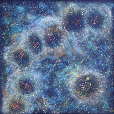 Australian Indigenous (Aboriginal and Torres Strait Islander) artwork by ALMA NUNGARRAYI GRANITES of Warlukurlangu Artists (Yuendumu). The title is Yanjirlpirri or Napaljarri-warnu Jukurrpa (Star or Seven Sisters Dreaming). [3278/11] (Acrylic on Belgian Linen)