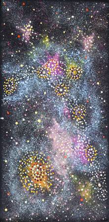 Australian Indigenous (Aboriginal and Torres Strait Islander) artwork by ALMA NUNGARRAYI GRANITES of Warlukurlangu Artists (Yuendumu). The title is Yanjirlpirri or Napaljarri-warnu Jukurrpa (Star or Seven Sisters Dreaming). [3296/11] (Acrylic on Belgian Linen)