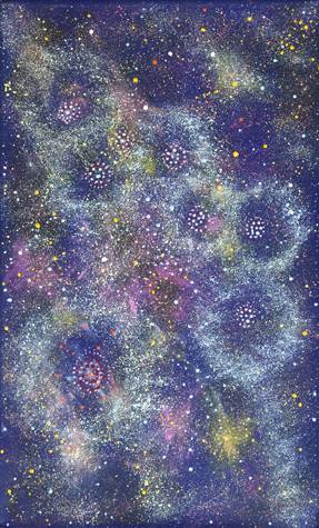 Australian Indigenous (Aboriginal and Torres Strait Islander) artwork by ALMA NUNGARRAYI GRANITES of Warlukurlangu Artists (Yuendumu). The title is Yanjirlpirri or Napaljarri-warnu Jukurrpa (Star or Seven Sisters Dreaming). [3297/11] (Acrylic on Belgian Linen)