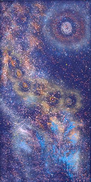 Australian Indigenous (Aboriginal and Torres Strait Islander) artwork by ALMA NUNGARRAYI GRANITES of Warlukurlangu Artists (Yuendumu). The title is Yanjirlpirri or Napaljarri-warnu Jukurrpa (Star or Seven Sisters Dreaming). [13/12] (Acrylic on Belgian Linen)