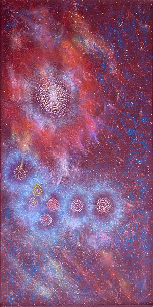 Australian Indigenous (Aboriginal and Torres Strait Islander) artwork by ALMA NUNGARRAYI GRANITES of Warlukurlangu Artists (Yuendumu). The title is Yanjirlpirri or Napaljarri-warnu Jukurrpa (Star or Seven Sisters Dreaming). [27/12] (Acrylic on Belgian Linen)