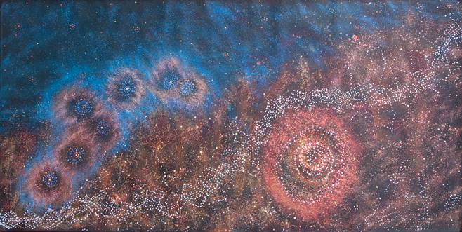 Australian Indigenous (Aboriginal and Torres Strait Islander) artwork by ALMA NUNGARRAYI GRANITES of Warlukurlangu Artists (Yuendumu). The title is Yanjirlpirri or Napaljarri-warnu Jukurrpa (Star or Seven Sisters Dreaming). [19/12] (Acrylic on Belgian Linen)