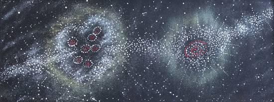 Australian Indigenous (Aboriginal and Torres Strait Islander) artwork by ALMA NUNGARRAYI GRANITES of Warlukurlangu Artists (Yuendumu). The title is Yanjirlpirri or Napaljarri-warnu Jukurrpa (Star or Seven Sisters Dreaming). [62/12] (Acrylic on Belgian Linen)