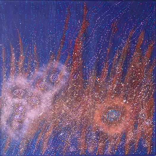 Australian Indigenous (Aboriginal and Torres Strait Islander) artwork by ALMA NUNGARRAYI GRANITES of Warlukurlangu Artists (Yuendumu). The title is Yanjirlpirri or Napaljarri-warnu Jukurrpa (Star or Seven Sisters Dreaming). [102/12] (Acrylic on Belgian Linen)