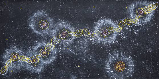 Australian Indigenous (Aboriginal and Torres Strait Islander) artwork by ALMA NUNGARRAYI GRANITES of Warlukurlangu Artists (Yuendumu). The title is Yanjirlpirri or Napaljarri-warnu Jukurrpa (Star or Seven Sisters Dreaming). [168/12] (Acrylic on Belgian Linen)