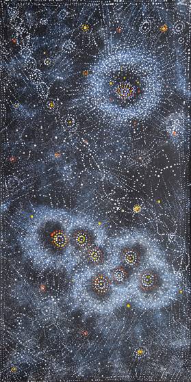 Australian Indigenous (Aboriginal and Torres Strait Islander) artwork by ALMA NUNGARRAYI GRANITES of Warlukurlangu Artists (Yuendumu). The title is Yanjirlpirri or Napaljarri-warnu Jukurrpa (Star or Seven Sisters Dreaming). [169/12] (Acrylic on Belgian Linen)