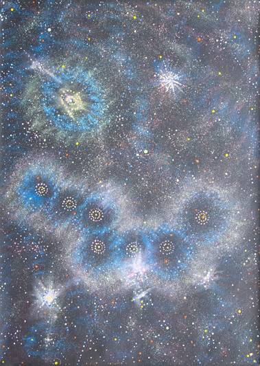 Australian Indigenous (Aboriginal and Torres Strait Islander) artwork by ALMA NUNGARRAYI GRANITES of Warlukurlangu Artists (Yuendumu). The title is Yanjirlpirri or Napaljarri-warnu Jukurrpa (Star or Seven Sisters Dreaming). [167/12] (Acrylic on Belgian Linen)