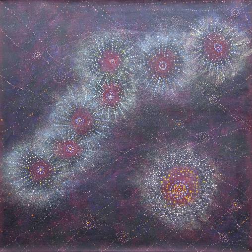 Australian Indigenous (Aboriginal and Torres Strait Islander) artwork by ALMA NUNGARRAYI GRANITES of Warlukurlangu Artists (Yuendumu). The title is Yanjirlpirri or Napaljarri-warnu Jukurrpa (Star or Seven Sisters Dreaming). [166/12] (Acrylic on Belgian Linen)