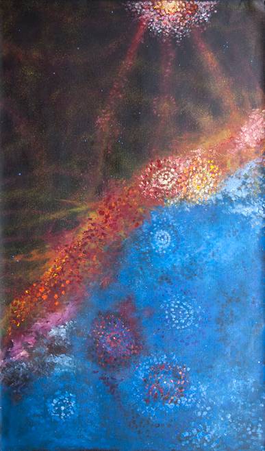 Australian Indigenous (Aboriginal and Torres Strait Islander) artwork by ALMA NUNGARRAYI GRANITES of Warlukurlangu Artists (Yuendumu). The title is Yanjirlpirri or Napaljarri-warnu Jukurrpa (Star or Seven Sisters Dreaming). [129/12] (Acrylic on Belgian Linen)