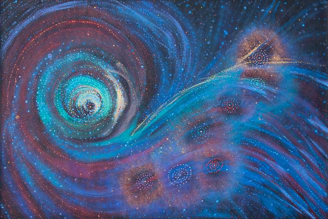 Australian Indigenous (Aboriginal and Torres Strait Islander) artwork by ALMA NUNGARRAYI GRANITES of Warlukurlangu Artists (Yuendumu). The title is Yanjirlpirri or Napaljarri-warnu Jukurrpa (Star or Seven Sisters Dreaming). [928/12] (Acrylic on Belgian Linen)