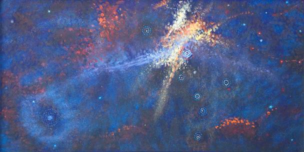 Australian Indigenous (Aboriginal and Torres Strait Islander) artwork by ALMA NUNGARRAYI GRANITES of Warlukurlangu Artists (Yuendumu). The title is Yanjirlpirri or Napaljarri-warnu Jukurrpa (Star or Seven Sisters Dreaming). [1029/12] (Acrylic on Belgian Linen)