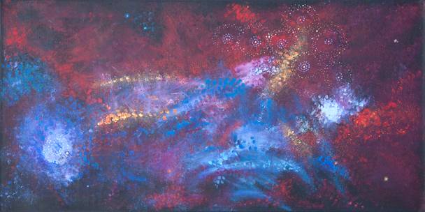 Australian Indigenous (Aboriginal and Torres Strait Islander) artwork by ALMA NUNGARRAYI GRANITES of Warlukurlangu Artists (Yuendumu). The title is Yanjirlpirri or Napaljarri-warnu Jukurrpa (Star or Seven Sisters Dreaming). [1030/12] (Acrylic on Belgian Linen)