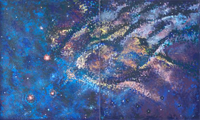 Australian Indigenous (Aboriginal and Torres Strait Islander) artwork by ALMA NUNGARRAYI GRANITES of Warlukurlangu Artists (Yuendumu). The title is Yanjirlpirri or Napaljarri-warnu Jukurrpa (Star or Seven Sisters Dreaming). [715-716/12] (Acrylic on Belgian Linen)