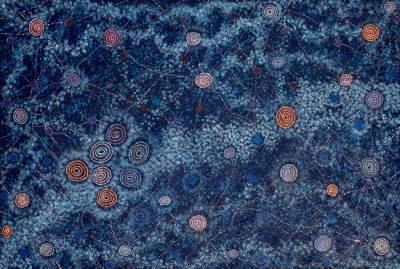 Australian Indigenous (Aboriginal and Torres Strait Islander) artwork by ALMA NUNGARRAYI GRANITES of Warlukurlangu Artists (Yuendumu). The title is Yanjirlpirri or Napaljarri-warnu Jukurrpa (Star or Seven Sisters Dreaming). [1603/09] (Acrylic on Linen)