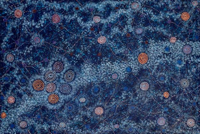 Australian Indigenous (Aboriginal and Torres Strait Islander) artwork by ALMA NUNGARRAYI GRANITES of Warlukurlangu Artists (Yuendumu). The title is Yanjirlpirri or Napaljarri-warnu Jukurrpa (Star or Seven Sisters Dreaming). [1603/09] (Acrylic on Linen)