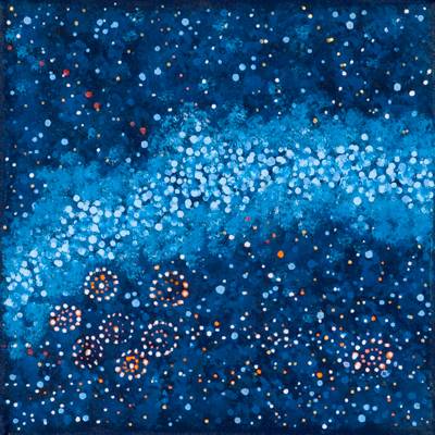 Australian Indigenous (Aboriginal and Torres Strait Islander) artwork by ALMA NUNGARRAYI GRANITES of Warlukurlangu Artists (Yuendumu). The title is Yanjirlpirri or Napaljarri-warnu Jukurrpa (Star or Seven Sisters Dreaming). [1194/09 (sold as a triptych with 1195/09 & 1196/09)] (Acrylic on Linen)