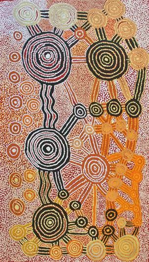Australian Indigenous (Aboriginal and Torres Strait Islander) artwork by TEDDY JAKAMARRA GIBSON of Warlukurlangu Artists (Yuendumu). The title is Yankirri Jukurrpa (Emu Dreaming) - Ngarlikurlangu. [940/12ny] (Acrylic on Belgian Linen)