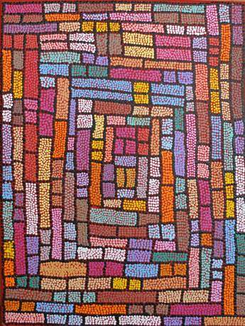 Australian Indigenous (Aboriginal and Torres Strait Islander) artwork by ANITA NAKAMARRA GIBSON of Warlukurlangu Artists (Yuendumu). The title is Yankirri Jukurrpa (Emu Dreaming) - Ngarlikurlangu. [791/12ny] (Acrylic on Belgian Linen)