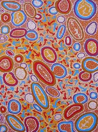 Australian Indigenous (Aboriginal and Torres Strait Islander) artwork by ORMAY NANGALA GALLAGHER of Warlukurlangu Artists (Yuendumu). The title is Yankirri Jukurrpa (Emu Dreaming) - Ngarna. [4328/07] (Acrylic on Belgian Linen)