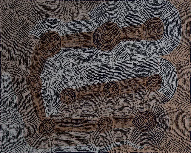 Australian Indigenous (Aboriginal and Torres Strait Islander) artwork by NYUNGAWARRA WARD of Warakurna Artists. The title is Yankuntjuntju. [321-22] (Acrylic on Linen)