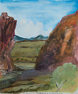 Australian Indigenous (Aboriginal and Torres Strait Islander) artwork by RIENHOLD INKAMALA of Ngurratjuta Iltja Ntjarra (Many Hands). The title is Yapalpa (Glen Helen Gorge), NT. [74-15] (Watercolour on Paper)