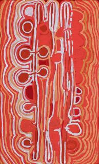 Australian Indigenous (Aboriginal and Torres Strait Islander) artwork by MOLLY NAPURRURLA MARTIN of Warlukurlangu Artists (Yuendumu). The title is Yarla Jukurrpa (Bush Potato Dreaming) - Cockatoo Creek. [770/13ny] (Acrylic on Belgian Linen)