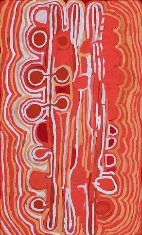 Australian Indigenous (Aboriginal and Torres Strait Islander) artwork by MOLLY NAPURRURLA MARTIN of Warlukurlangu Artists (Yuendumu). The title is Yarla Jukurrpa (Bush Potato Dreaming) - Cockatoo Creek. [770/13ny] (Acrylic on Belgian Linen)