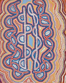 Australian Indigenous (Aboriginal and Torres Strait Islander) artwork by JORNA NAPURRURLA NELSON of Warlukurlangu Artists (Yuendumu). The title is Yarla Jukurrpa (Bush Potato Dreaming) - Yumurrpa. [613/07ny] (Acrylic on Belgian Linen)
