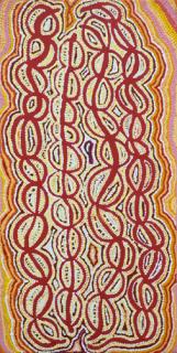Australian Indigenous (Aboriginal and Torres Strait Islander) artwork by JORNA NAPURRURLA NELSON of Warlukurlangu Artists (Yuendumu). The title is Yarla Jukurrpa (Bush Potato Dreaming) - Yumurrpa. [4351/07] (Acrylic on Belgian Linen)