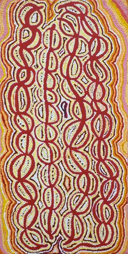 Australian Indigenous (Aboriginal and Torres Strait Islander) artwork by JORNA NAPURRURLA NELSON of Warlukurlangu Artists (Yuendumu). The title is Yarla Jukurrpa (Bush Potato Dreaming) - Yumurrpa. [4351/07] (Acrylic on Belgian Linen)