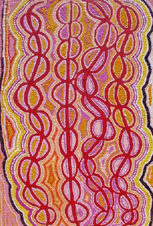 Australian Indigenous (Aboriginal and Torres Strait Islander) artwork by JORNA NAPURRURLA NELSON of Warlukurlangu Artists (Yuendumu). The title is Yarla Jukurrpa (Bush Potato Dreaming) - Yumurrpa. [4350/07] (Acrylic on Belgian Linen)