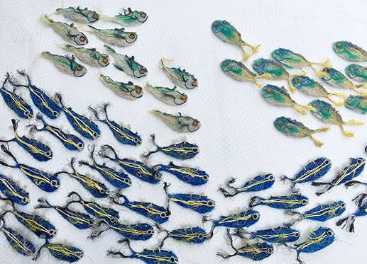 Australian Indigenous (Aboriginal and Torres Strait Islander) artwork by LYNNETTE GRIFFITHS of Miscellaneous Artists. The title is Yellow Tail Fusiliers and Yellow Striped Whiptail (Detail). [LG201705003] (Ghost Nets & Rope)