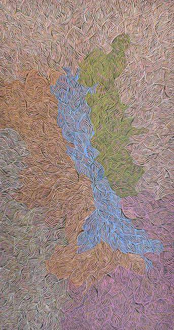 Australian Indigenous (Aboriginal and Torres Strait Islander) artwork by EVA NARGOODAH of Mangkaja Artists. The title is Yirrirriny - Mirage. [134/17] (Atelier Acrylic Paint on 14oz Canvas)