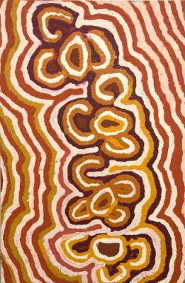 Australian Indigenous (Aboriginal and Torres Strait Islander) artwork by NINGIE NANALA of Warlayirti Artists (Balgo). The title is Yula. [912/07] (Acrylic on Linen)