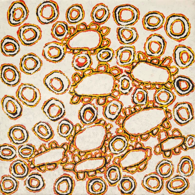 Australian Indigenous (Aboriginal and Torres Strait Islander) artwork by KUTUNGKA NAPANANGKA of Papunya Tula Artists. The title is Yulkarpa. [KN0903147] (Acrylic on Linen)